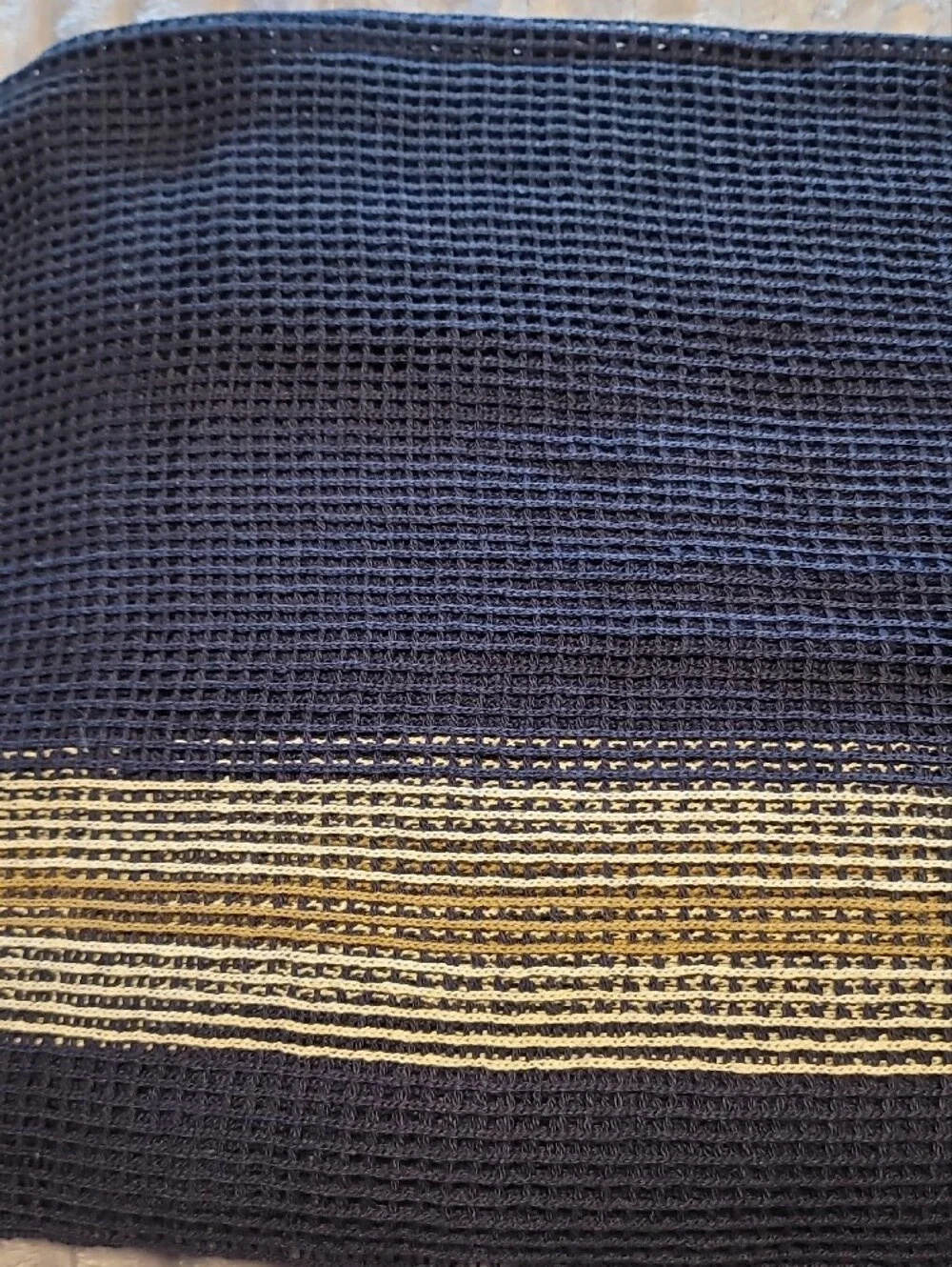 Navy Waffle Crocheted Fringe Scarf with Cream Stripe - Women Accessories
